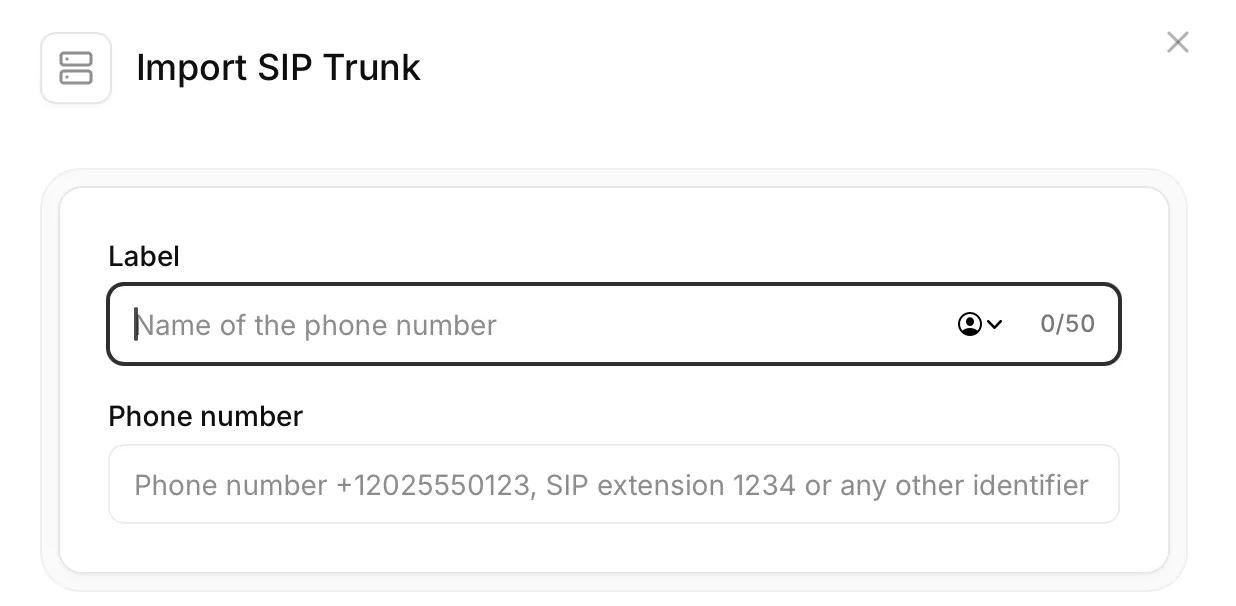 Configurazione di base del trunk SIP con i campi Etichetta e Numero di telefono