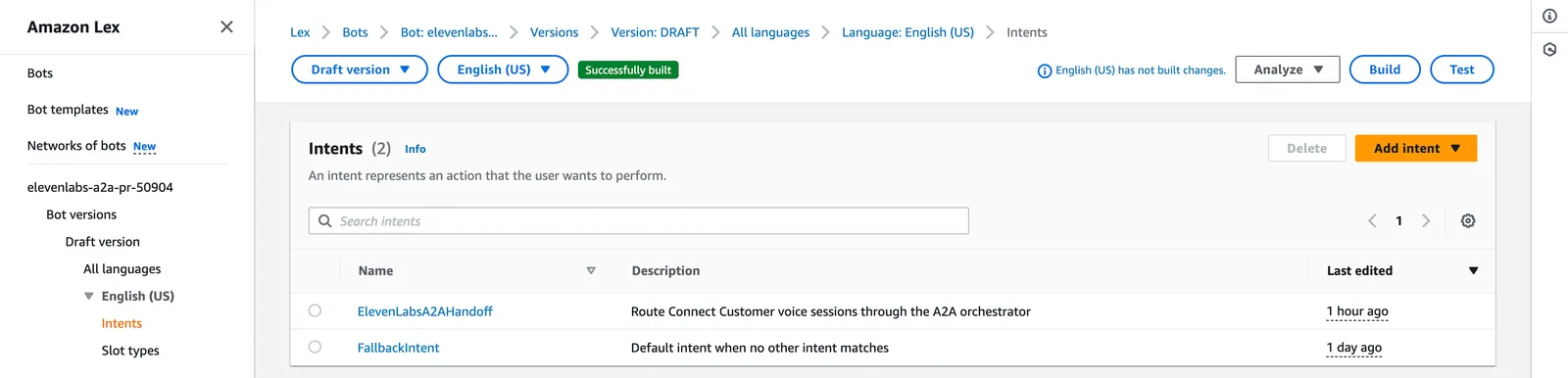 Elenco degli intent del bot Lex V2 con l'intent di passaggio di consegne Q in Connect e l'intent di fallback
integrato