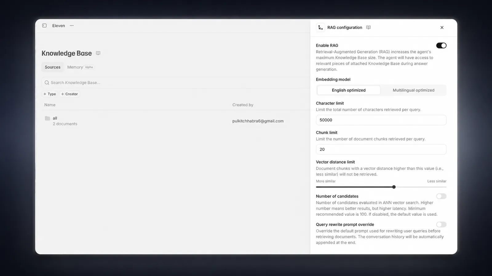 Opzioni di configurazione RAG, inclusa la selezione del modello di embedding
