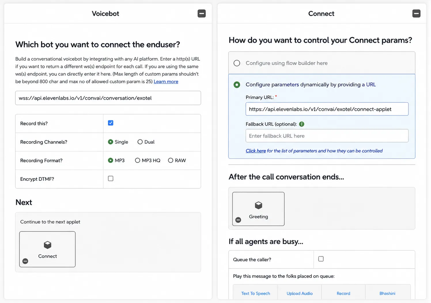 Applet Connect configurata con l'URL dinamico di ElevenLabs
