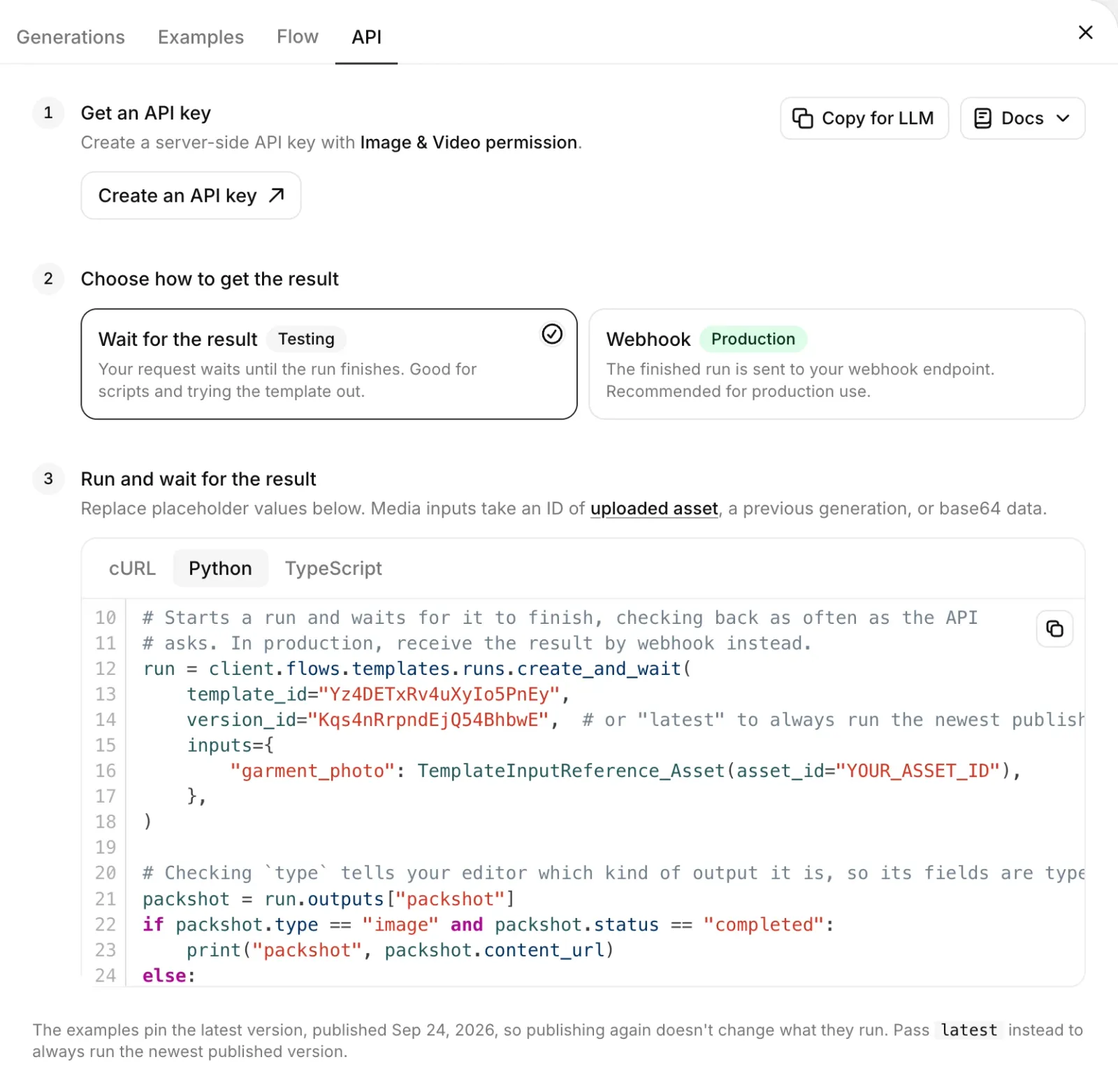 Template API tab