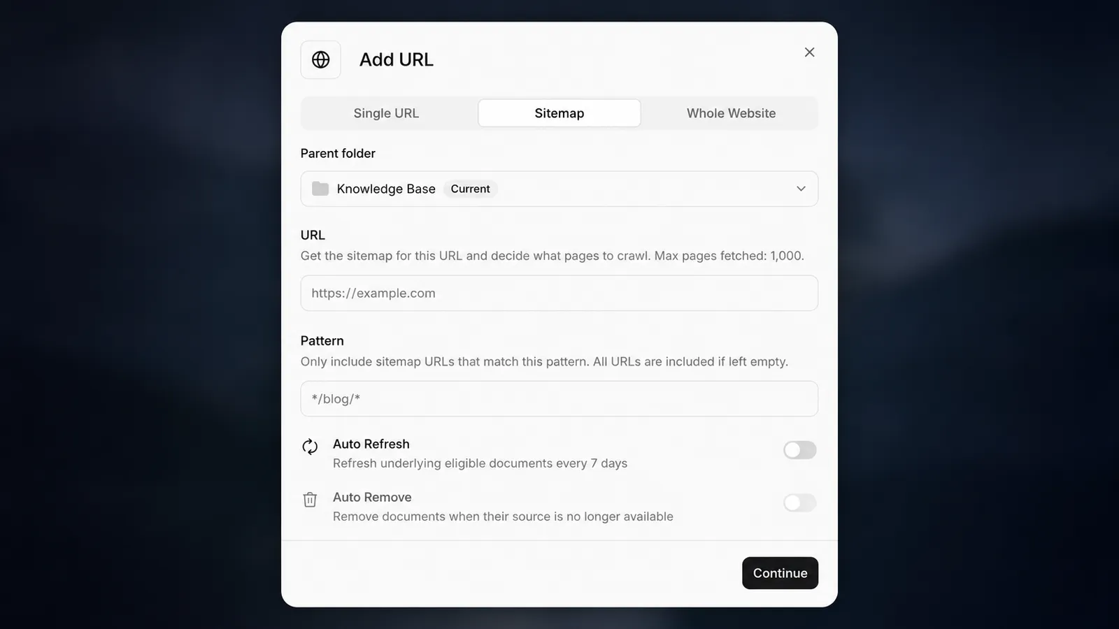 Interfaccia di importazione URL in cui gli utenti possono incollare un link alla documentazione