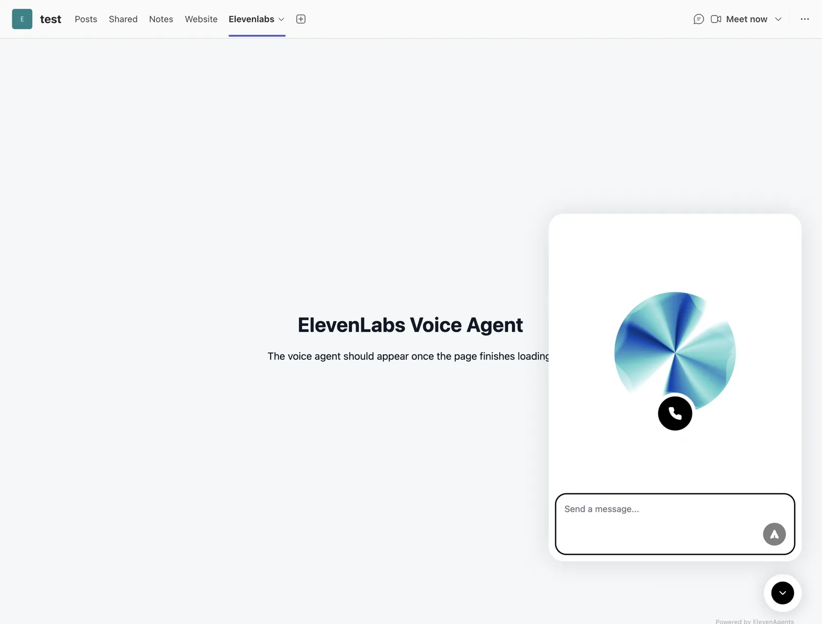 Il widget dell'agente ElevenLabs aperto in una scheda di Microsoft Teams