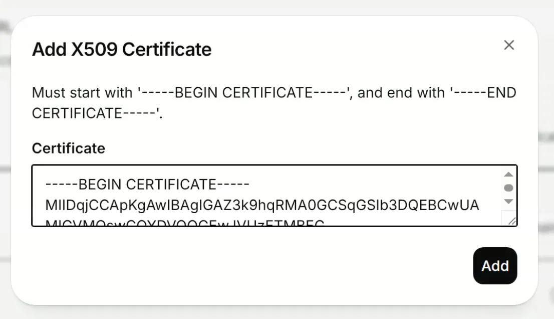 Finestra di dialogo Aggiungi certificato X509 di ElevenLabs
