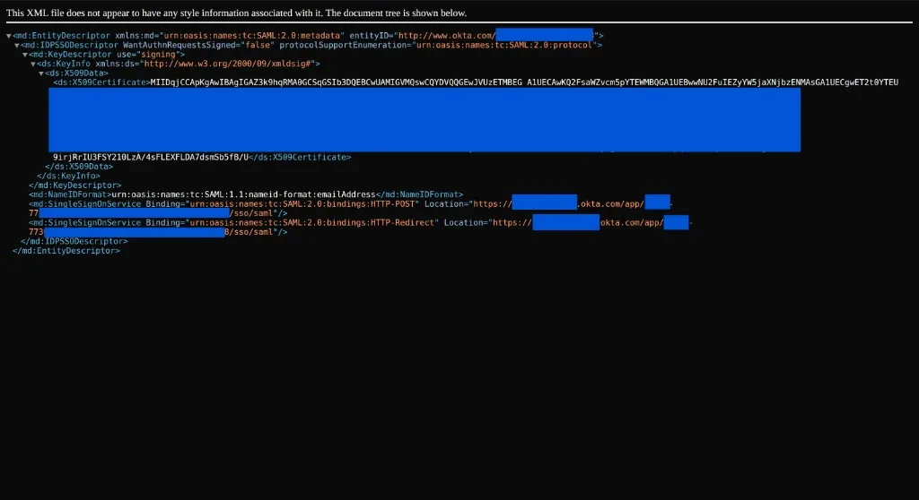 XML dei metadati IdP di Okta che mostra entityID e SingleSignOnService Location