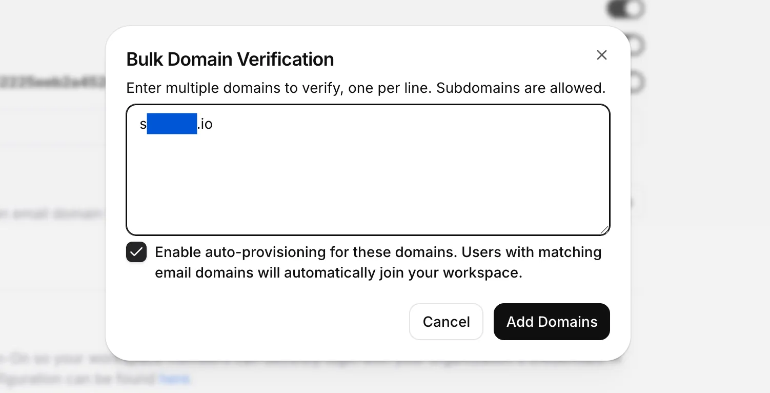 Finestra di dialogo di ElevenLabs per la verifica in blocco dei domini