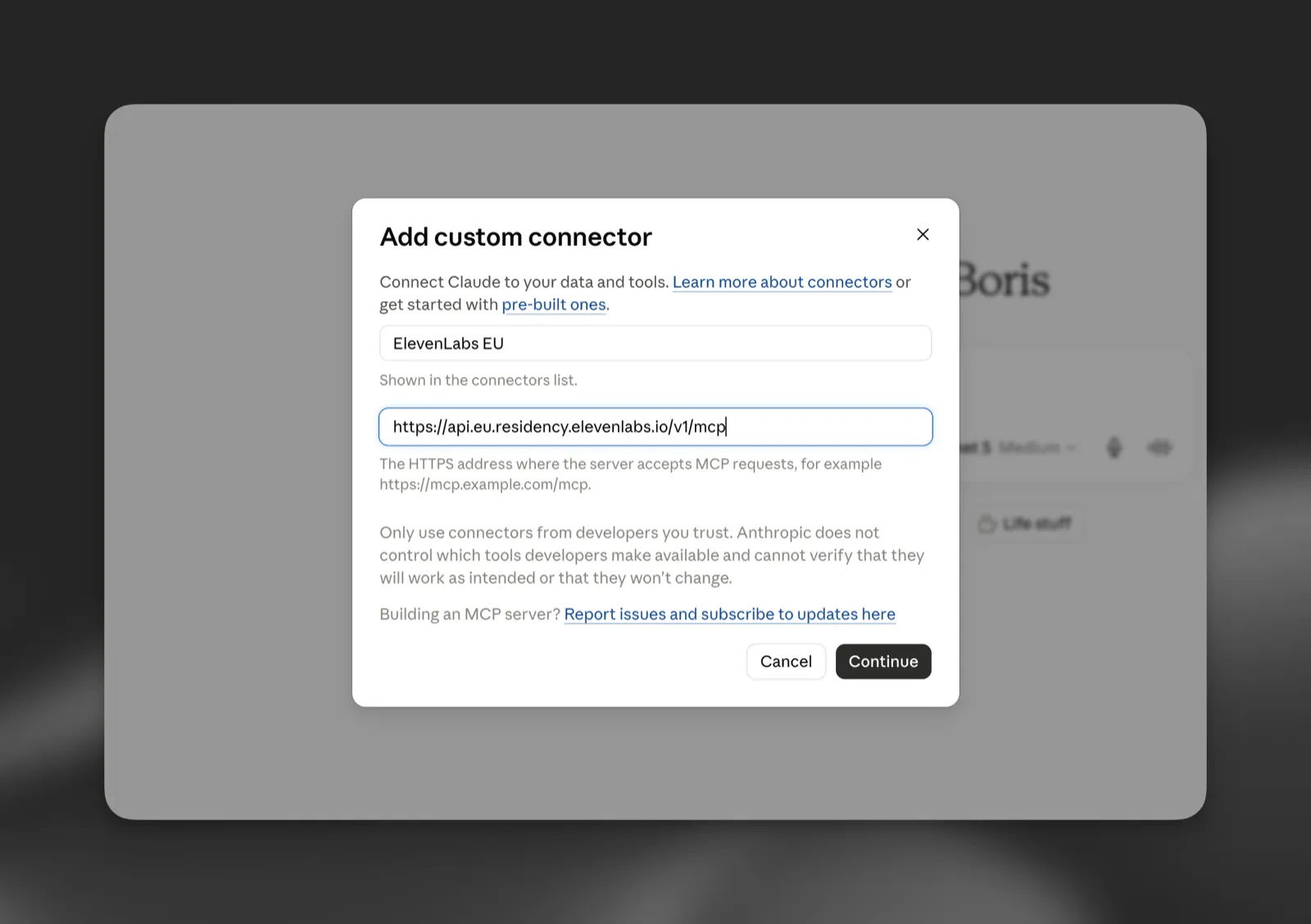 The Add custom connector dialog with the name ElevenLabs EU and the EU server URL filled in