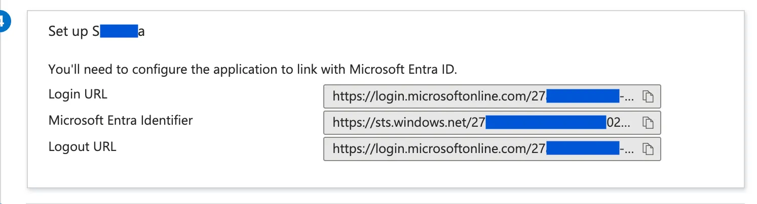 Valori di configurazione Microsoft Entra con URL di accesso e Identificatore Microsoft Entra