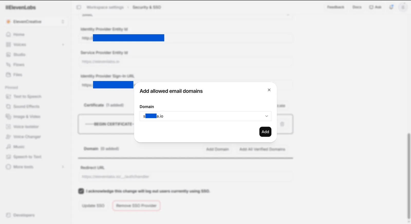 Finestra di dialogo Aggiungi domini email consentiti di ElevenLabs