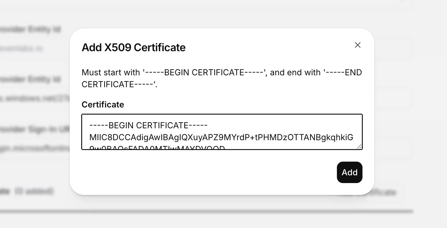 Finestra di dialogo Aggiungi certificato X509 di ElevenLabs