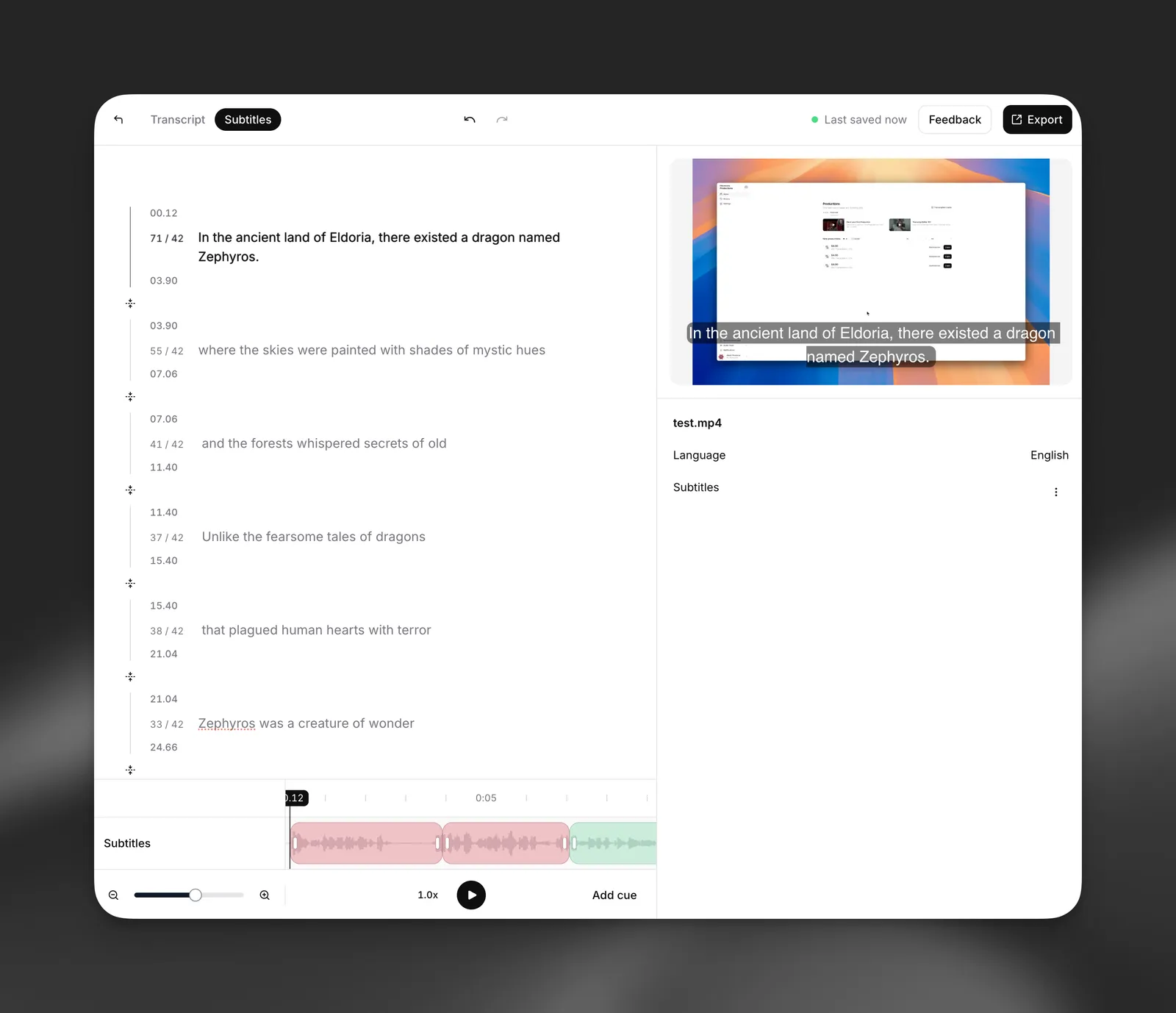 Funzionalità del prodotto Editor dei sottotitoli