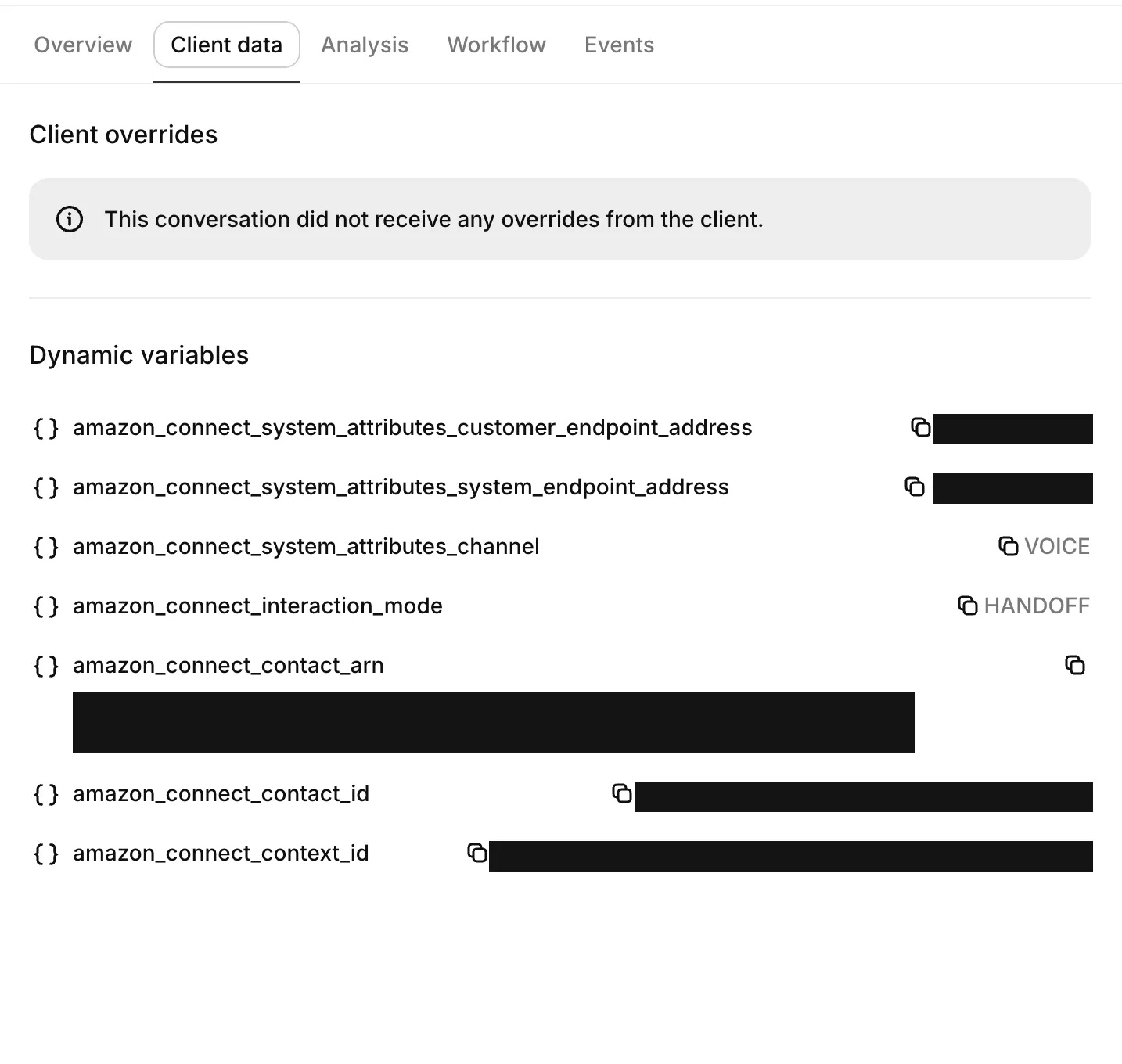 Scheda Dati client di una conversazione Amazon Connect che elenca le variabili dinamiche di Amazon Connect
