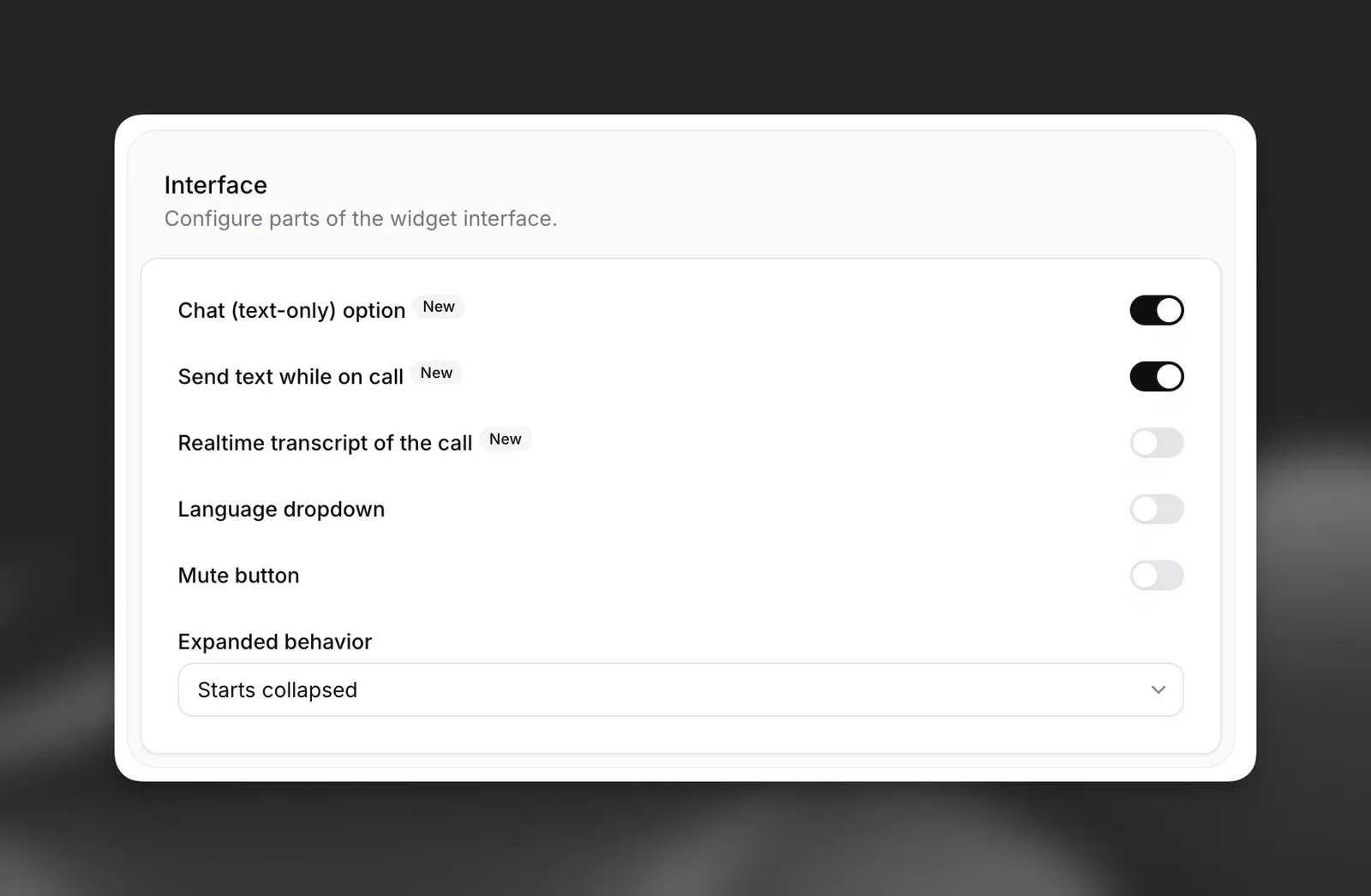 Opzioni dell'interfaccia del widget