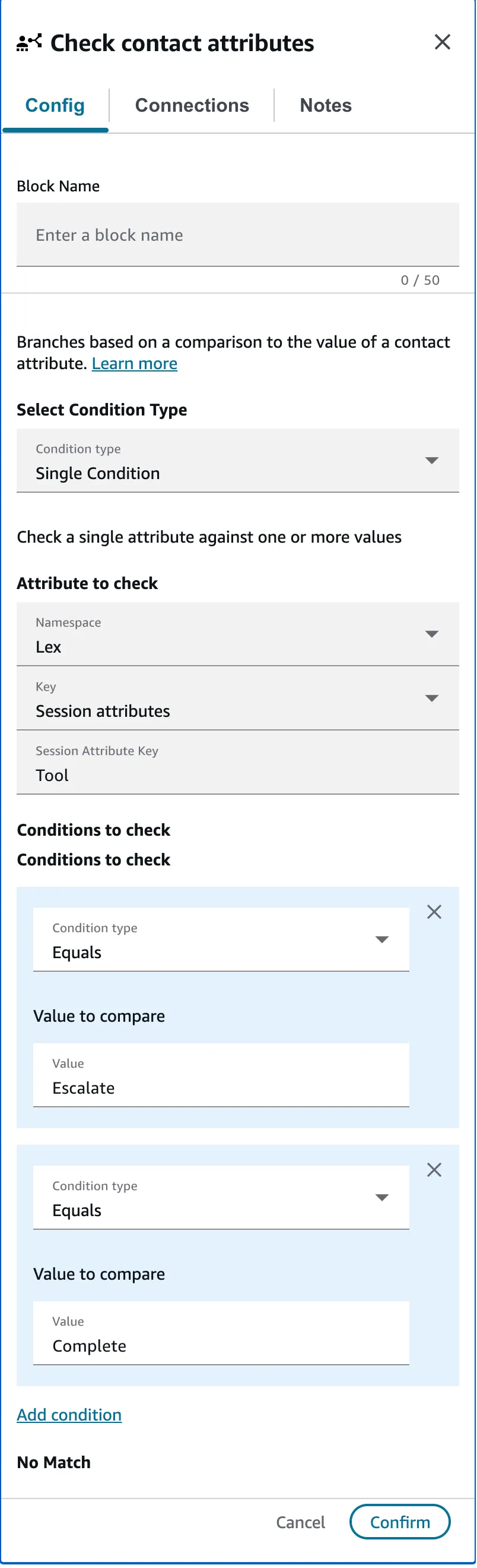 Blocco Controlla attributi di contatto configurato sull'attributo di sessione Lex Tool con condizioni Uguale a
per ogni esito
