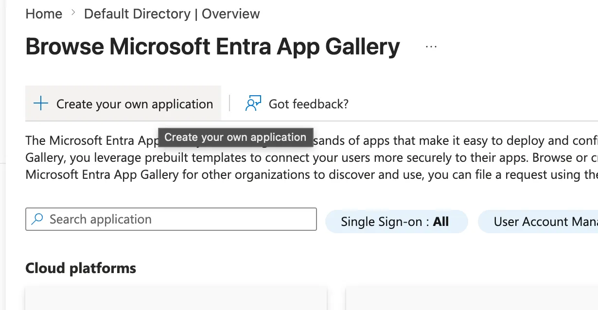 Raccolta di app Microsoft Entra con Crea la tua applicazione