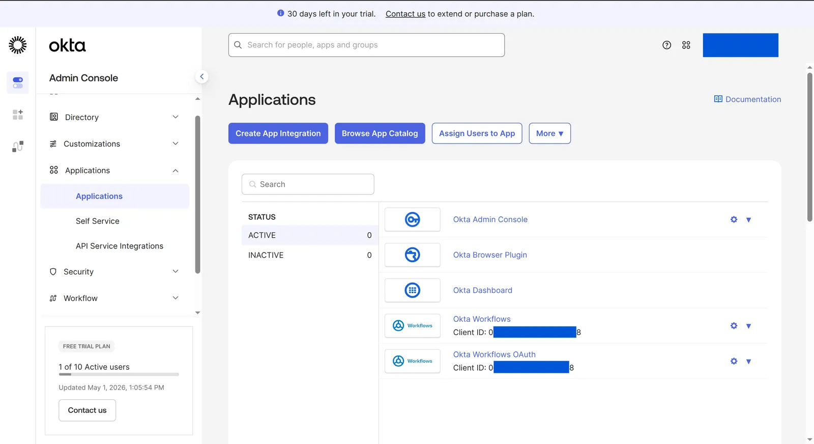 Pagina Applicazioni di Okta con Crea integrazione app
