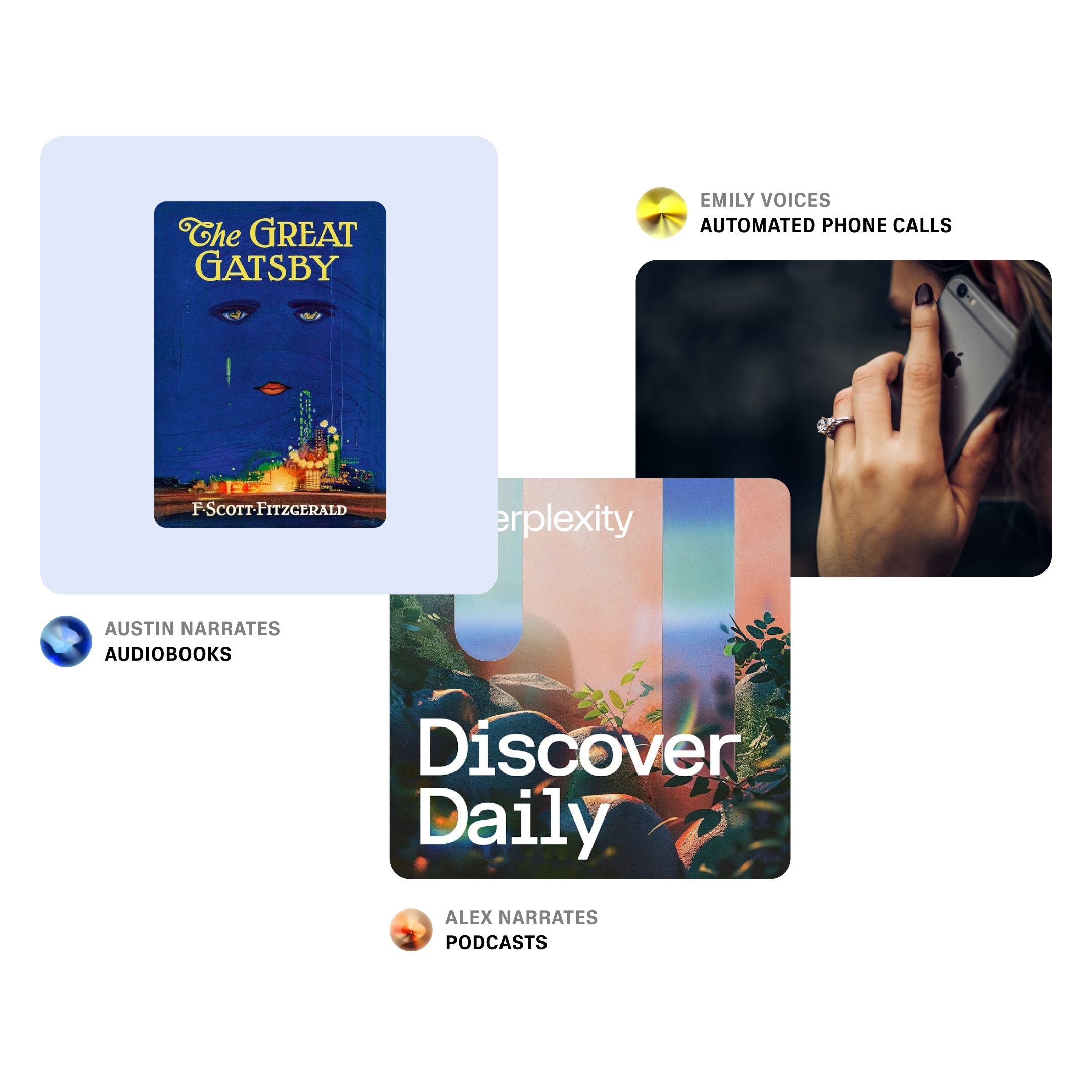 Collection of digital media including a book cover of "The Great Gatsby," a photo of a person on a phone, a colorful "Discover Daily" graphic, and icons indicating audiobooks and podcasts.