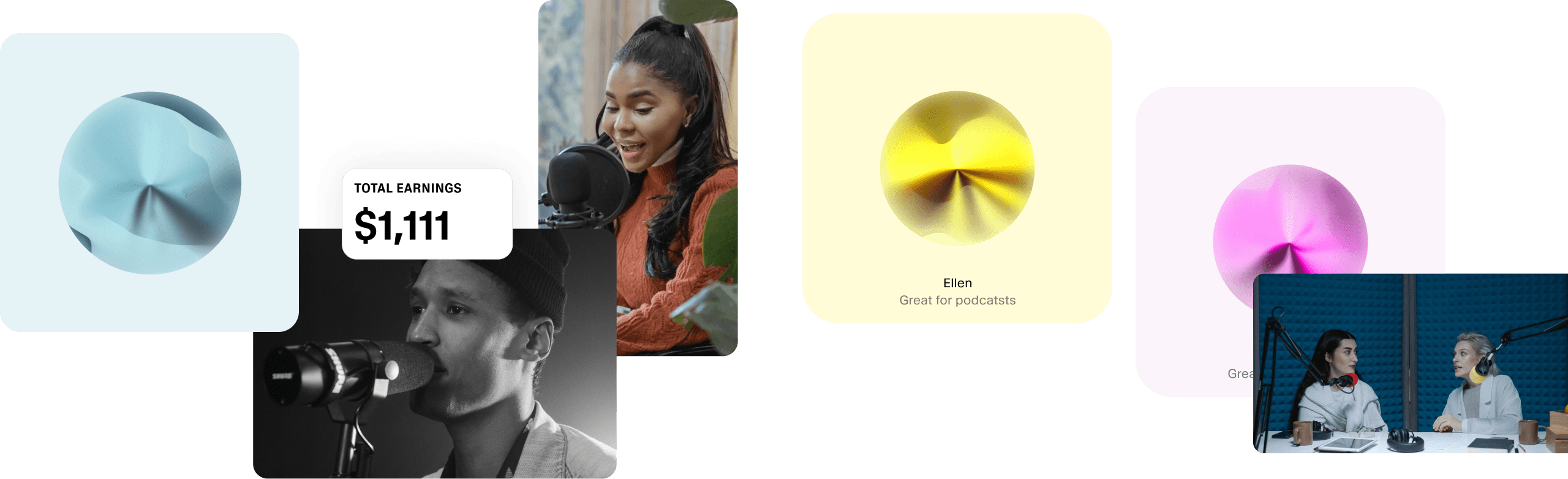 Two people speaking into microphones in a recording studio, with colorful abstract shapes and podcast reviews around them.