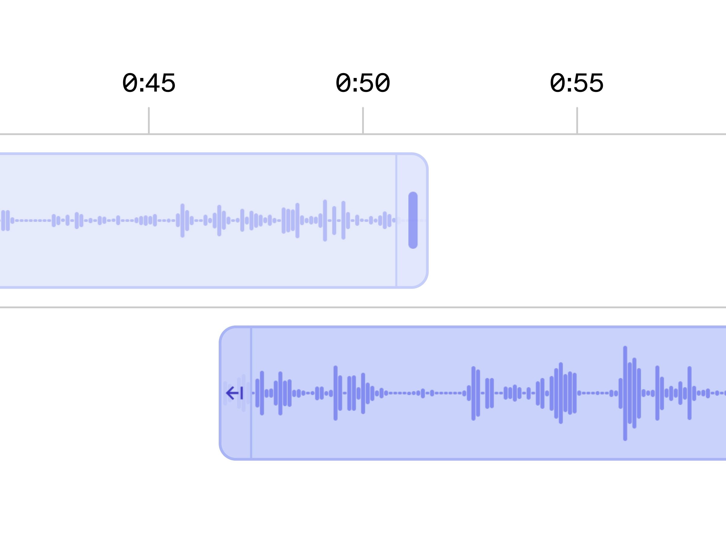 Audio editing timeline with two waveforms and timestamps at 45, 50, and 55 seconds.