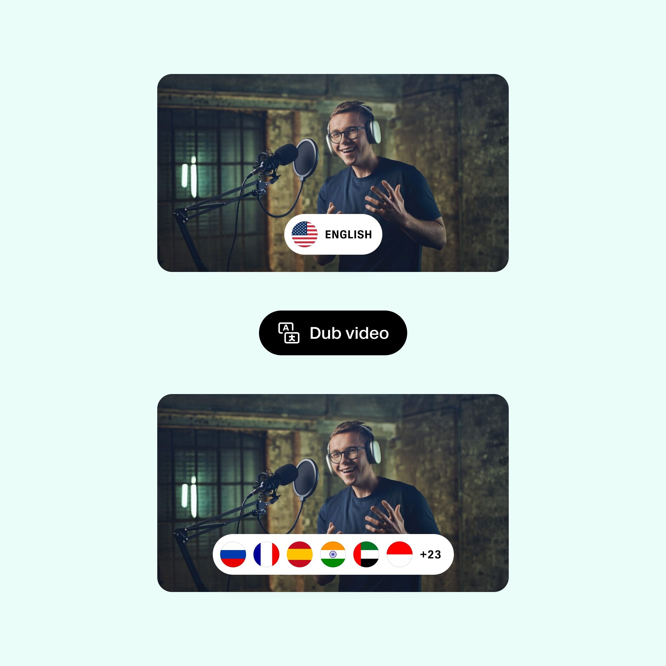 A man in a recording studio with headphones, speaking into a microphone, with options for language selection and dubbing.