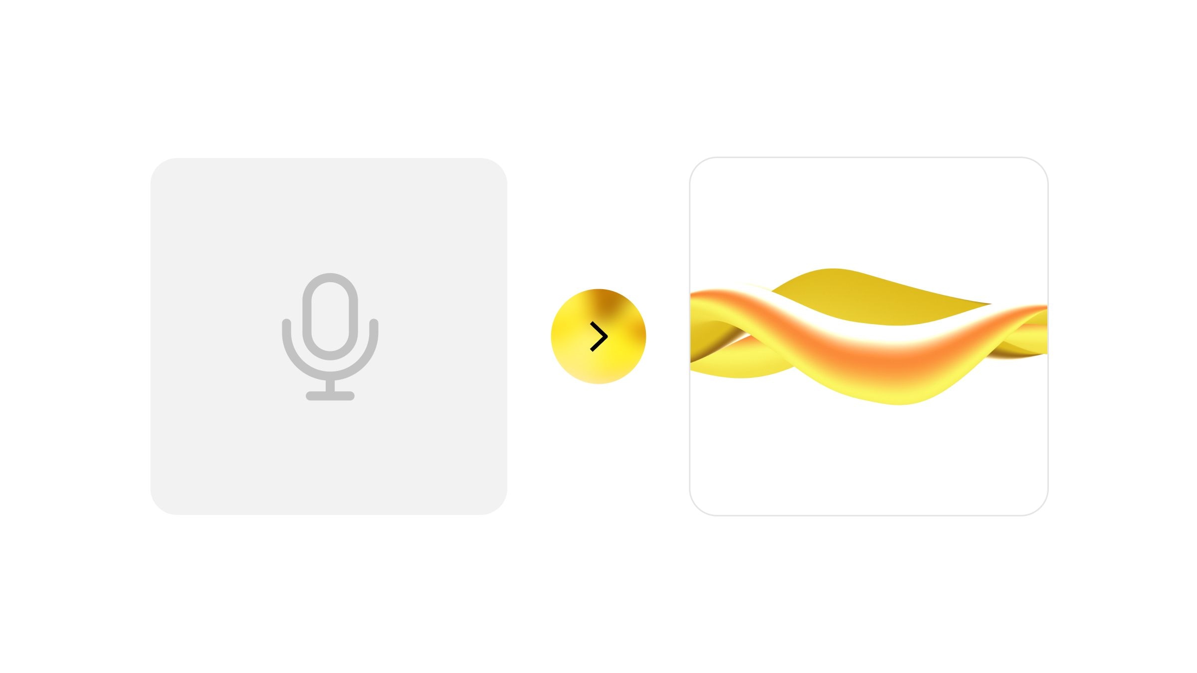 A voice command icon, a yellow circle with a right arrow, and an abstract yellow and orange wave design.