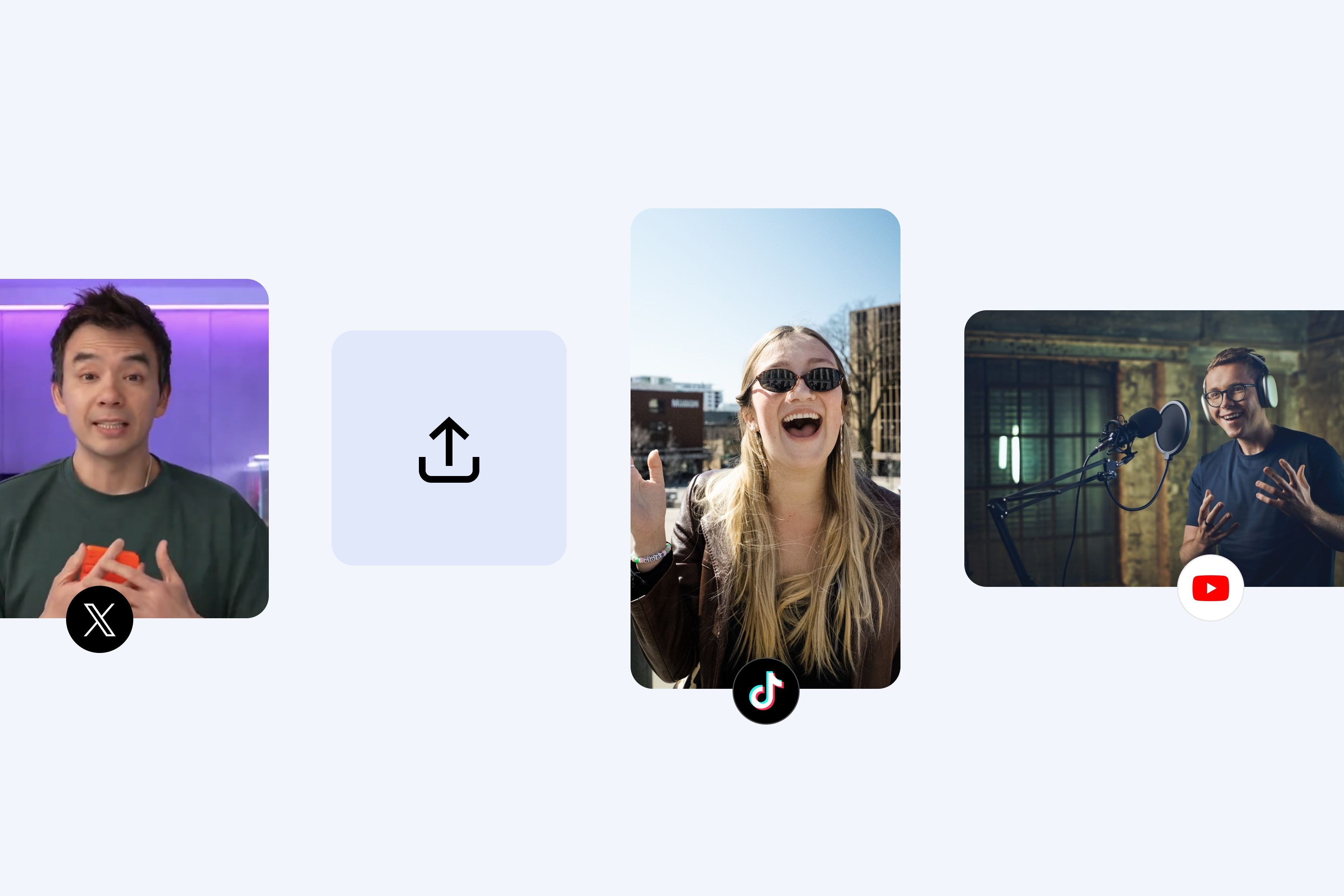 Three people in different settings, with icons indicating sharing options for social media platforms.