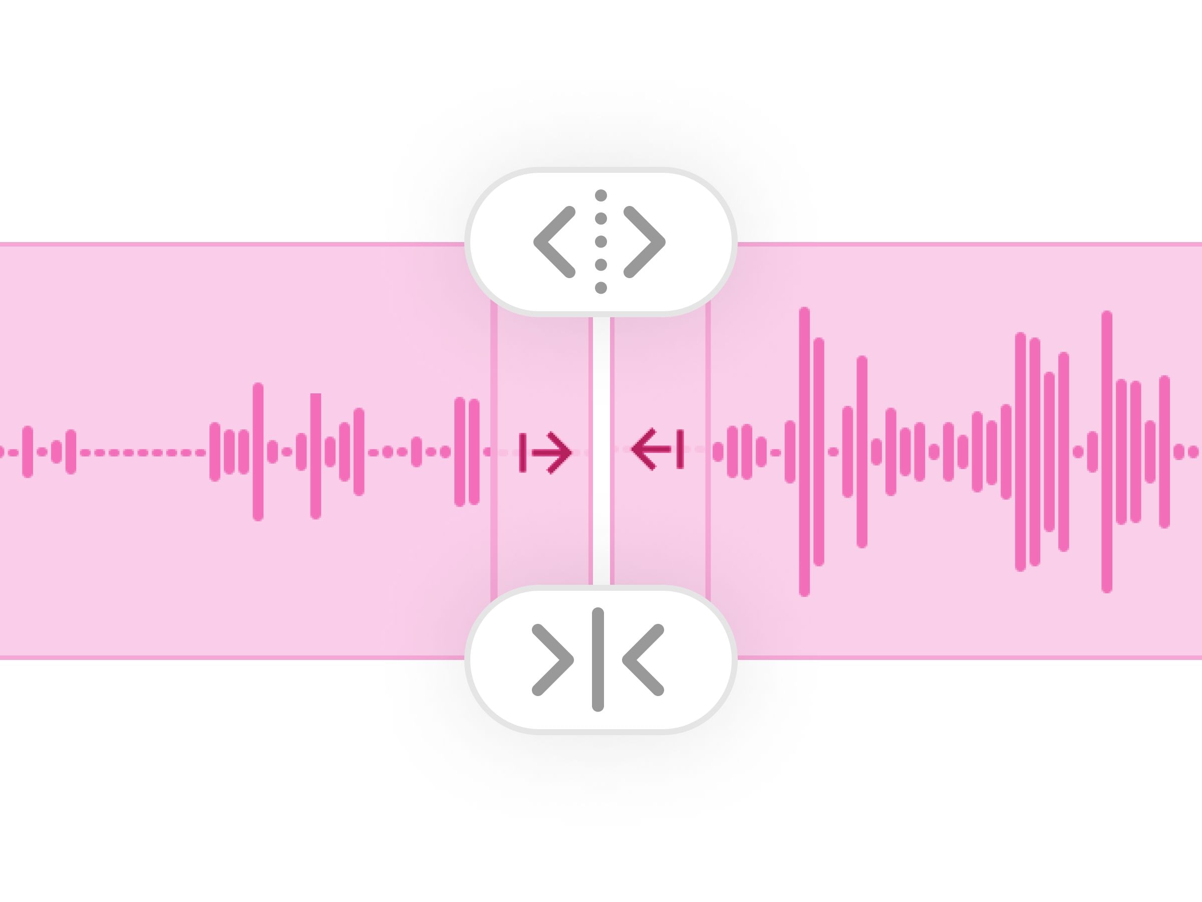 Audio waveform with editing icons and arrows indicating left and right adjustments.