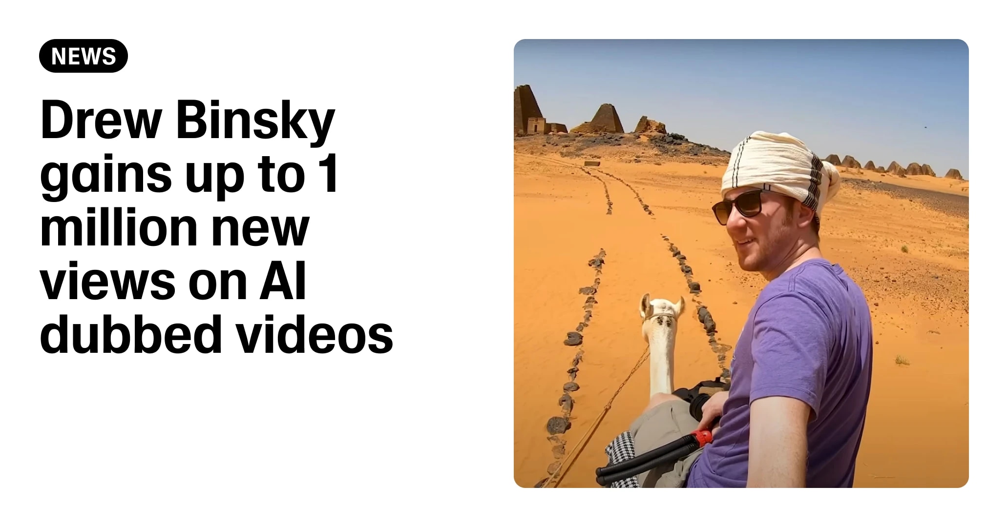 A man wearing sunglasses and a headscarf sitting on a camel in a desert landscape with pyramids in the background.