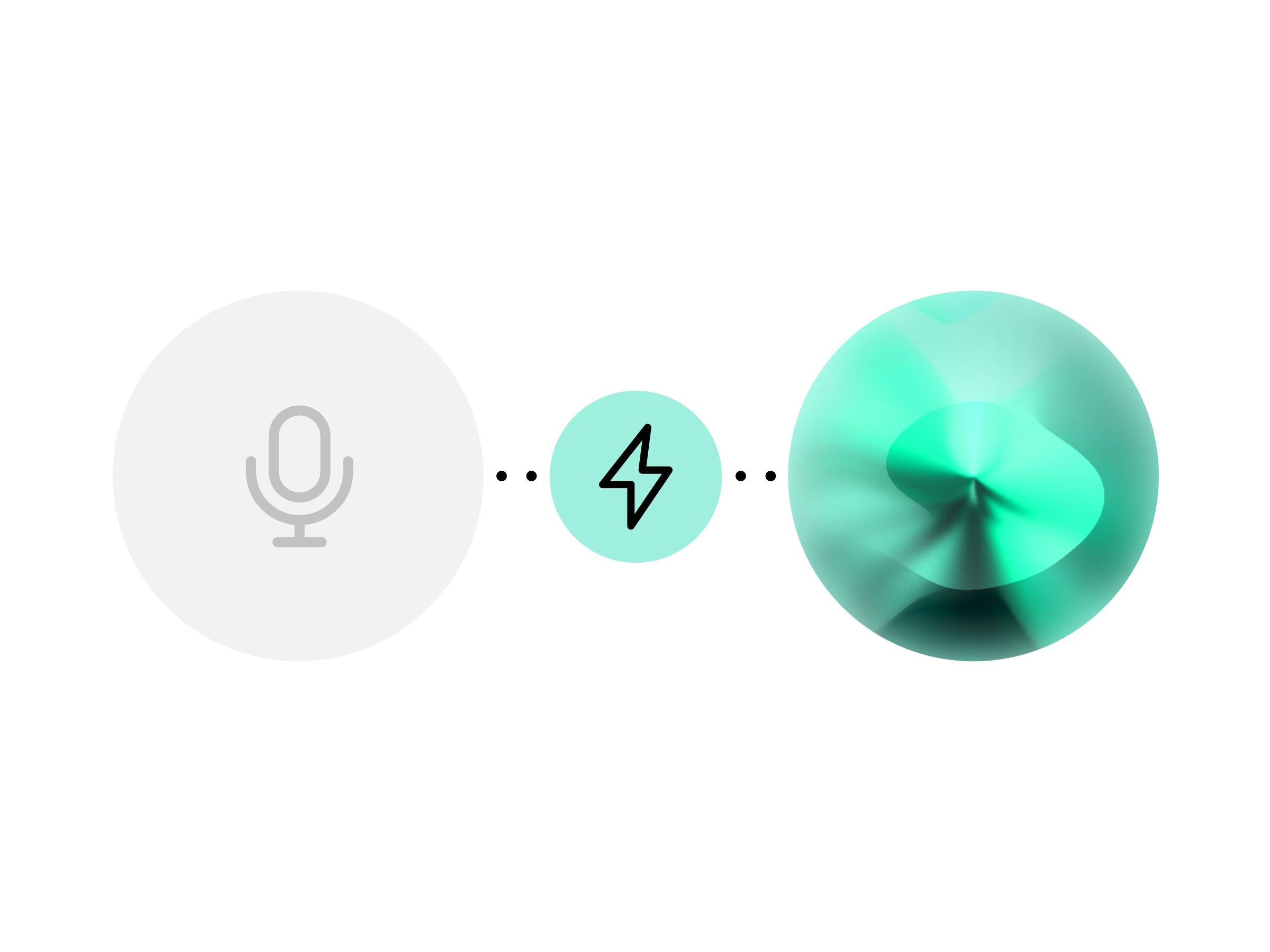 Voice command icon, lightning bolt symbol, and abstract green sphere.