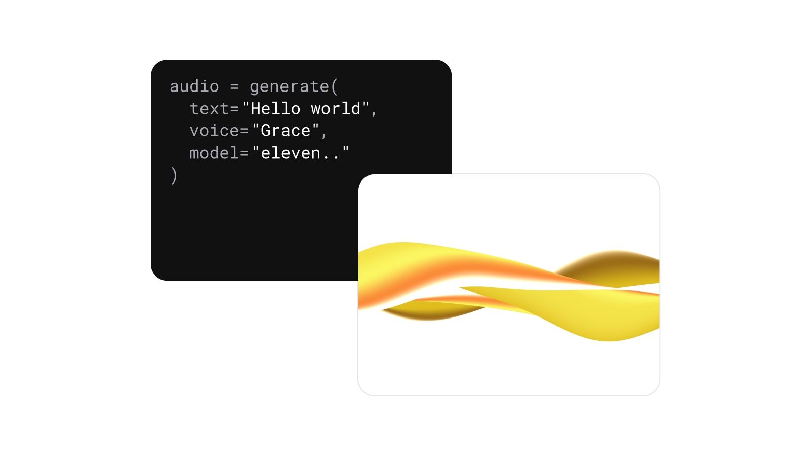 An abstract digital artwork with flowing yellow and orange shapes on a white background, overlaid with a black code snippet box.