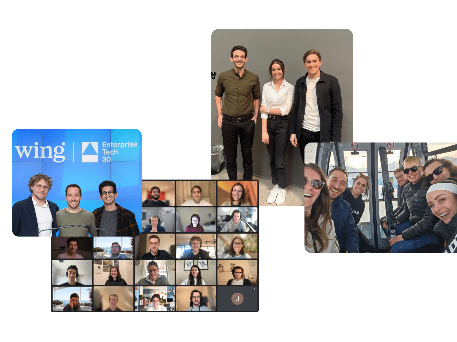 Group of people in a virtual meeting, some in a conference room, others on a video call, and a few in a helicopter.