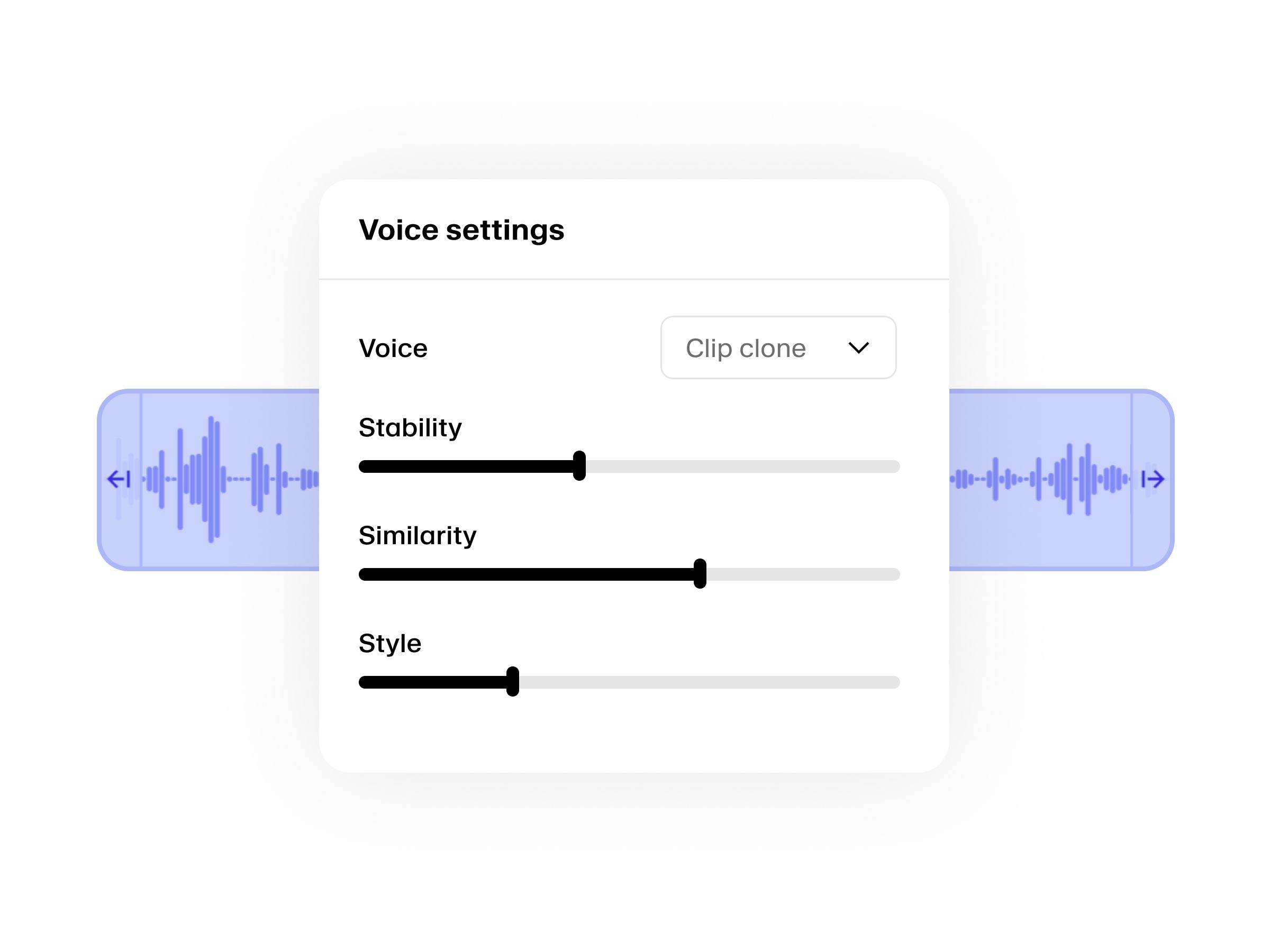 Voice settings menu with options for voice type, stability, similarity, and style, overlaid on a waveform.