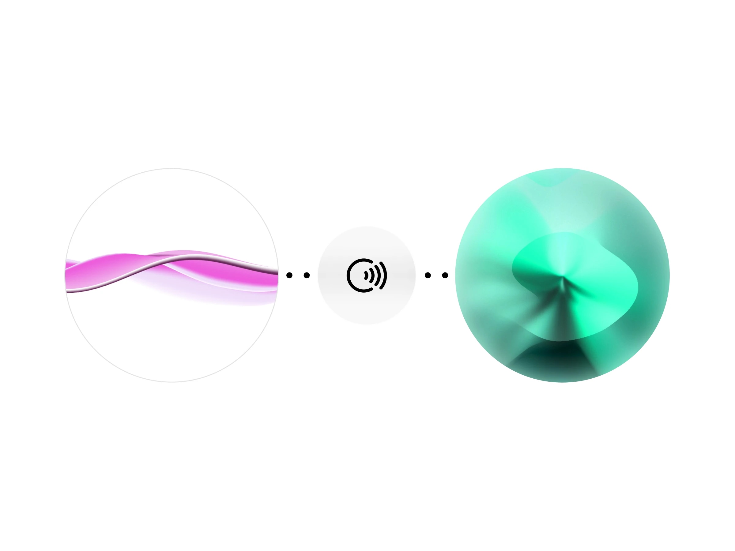 Abstract digital illustration of sound waves, a speaker icon, and a spherical shape with a gradient of green hues.